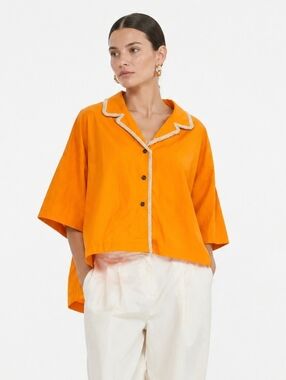 Odeeh Oversized Cotton Button Blouse | Boho Luxe Orange High-Low Top XS